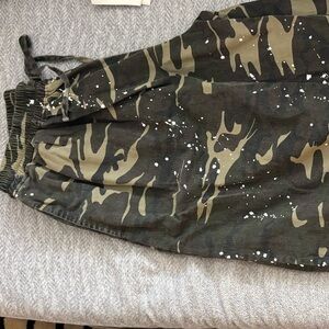 Olive Green Camouflage Wide Leg Pants with White Paint-Splatter